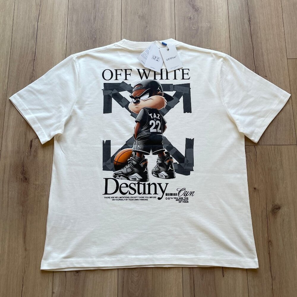 2XL Off-White Men's White Cotton Basic Printed T-Shirt Relaxed Fit